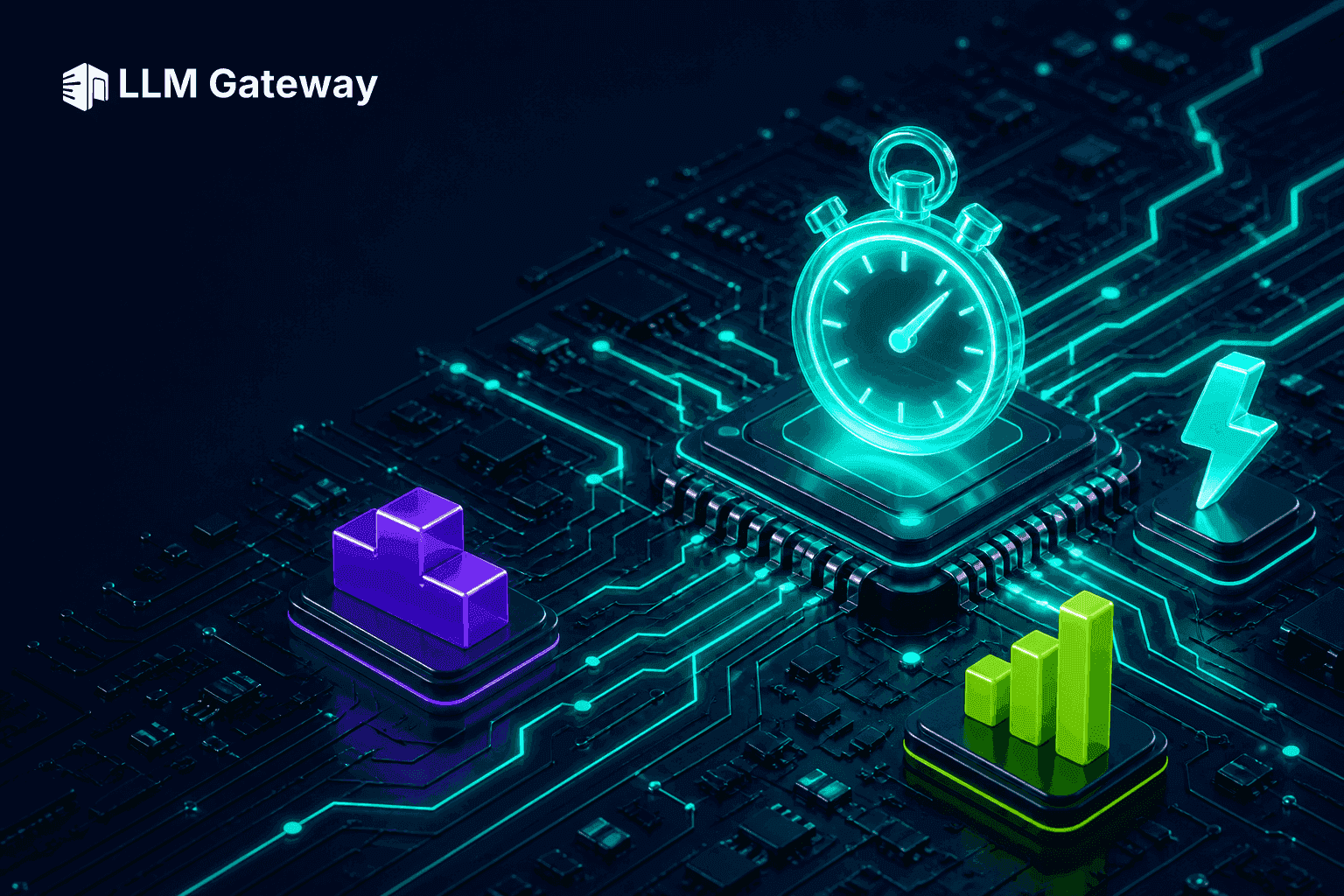 A circuit board with a glowing stopwatch on the central chip surrounded by a podium and rising bar chart, representing AI gateway latency benchmarks