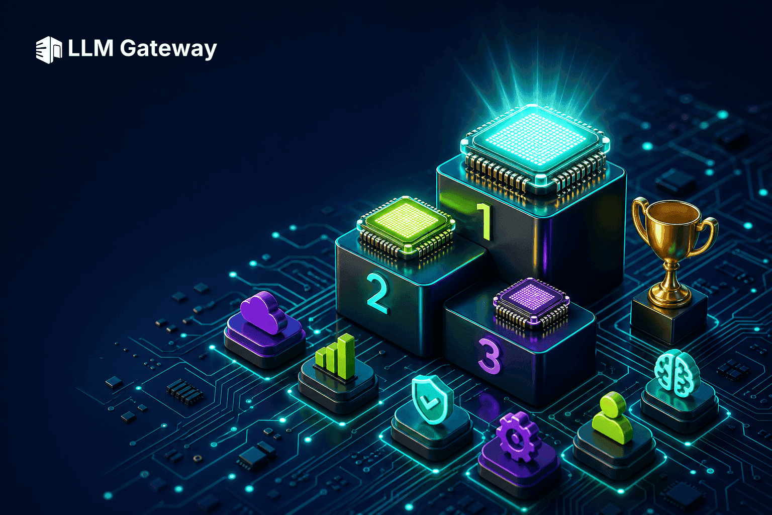 A podium of glowing processor chips of different sizes on a circuit board, representing the best open-source LLMs of 2026 ranked