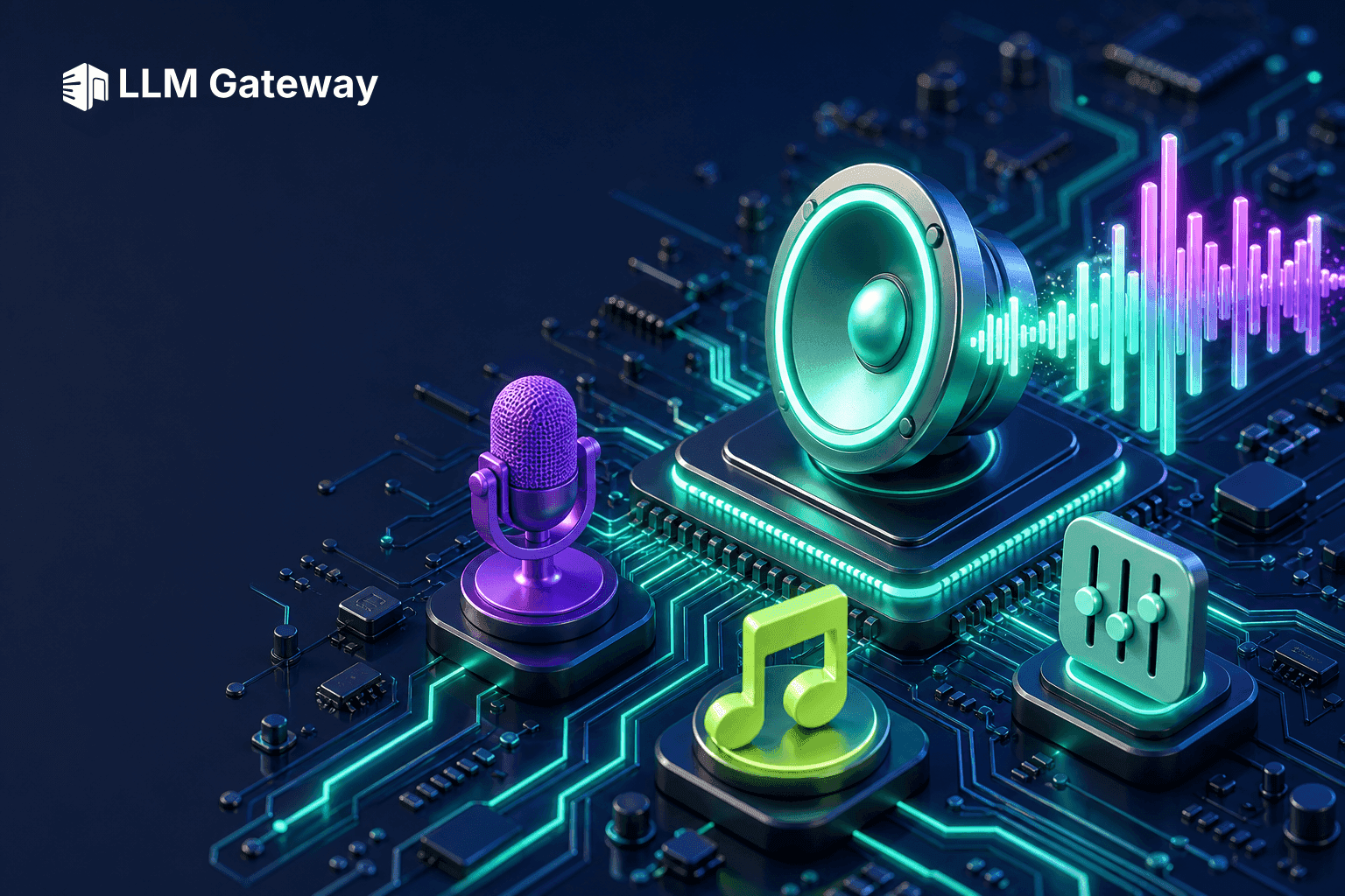 A glowing waveform and speaker on a circuit board, representing a text-to-speech API