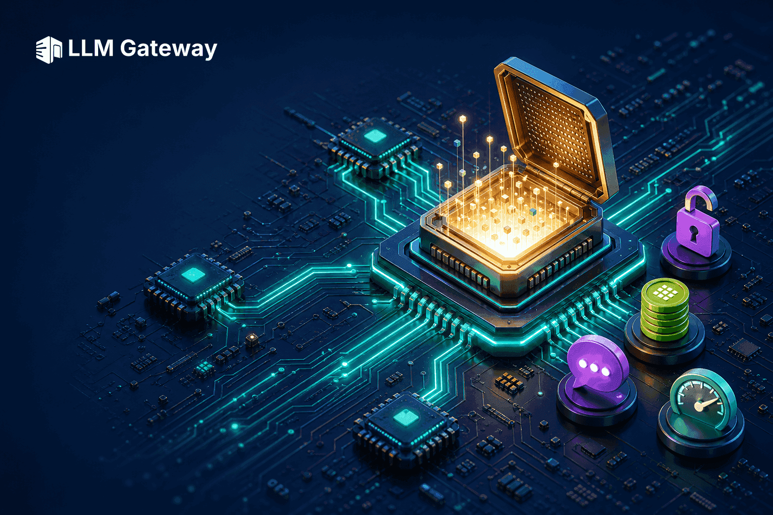 Glossy circuit board with a glowing central chip radiating light traces, representing Kimi K3 and open-weight models routing through one gateway