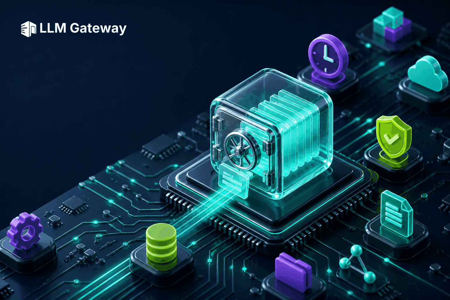 LLM data retention concept — a glowing vault chip on a circuit board holding request records
