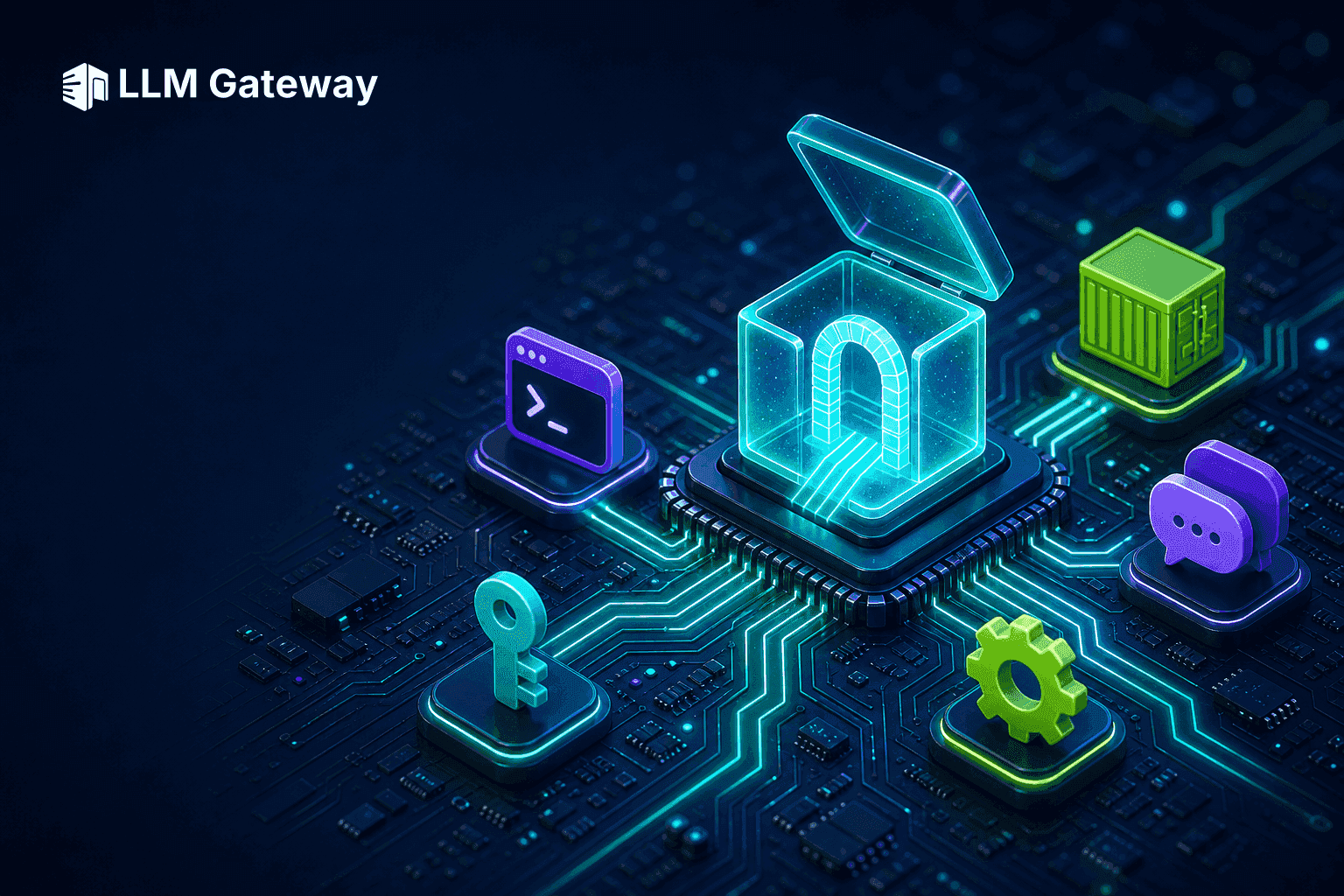 Open-source OpenRouter alternatives — a glowing open-box gateway on a circuit board routing to multiple model chips