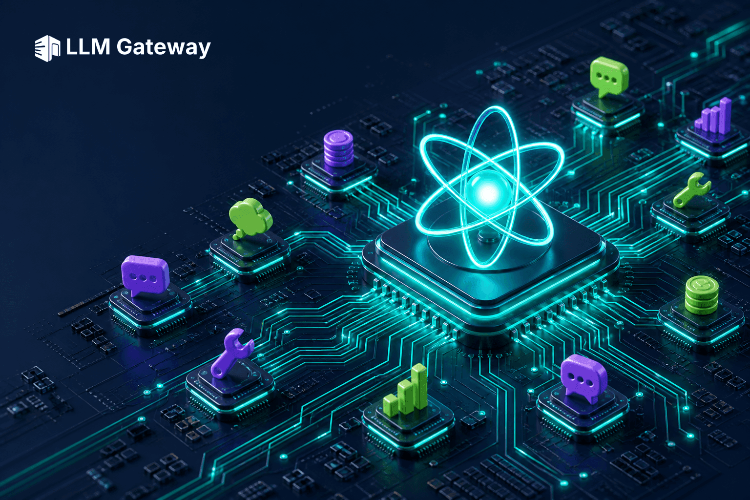 Glossy circuit board with a TanStack-style atom mounted on a central gateway chip, routing neon traces out to many provider model chips