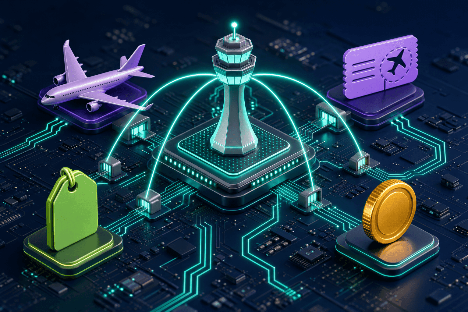 Airside carrier console: a glowing control tower on a circuit board directing routes of light toward provider gates