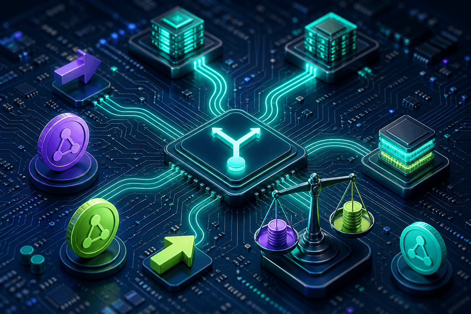 A glowing routing junction splitting a light trace toward two provider chips beside a memory-cache module and a balance scale weighing coins on a circuit board