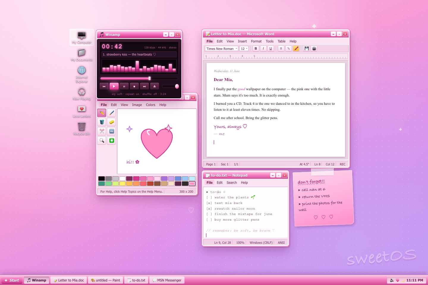 Retro pink desktop by DeepSeek V4.1 Flash, showing a detailed Winamp LCD, Microsoft Word letter, Paint heart and Notepad to-do list
