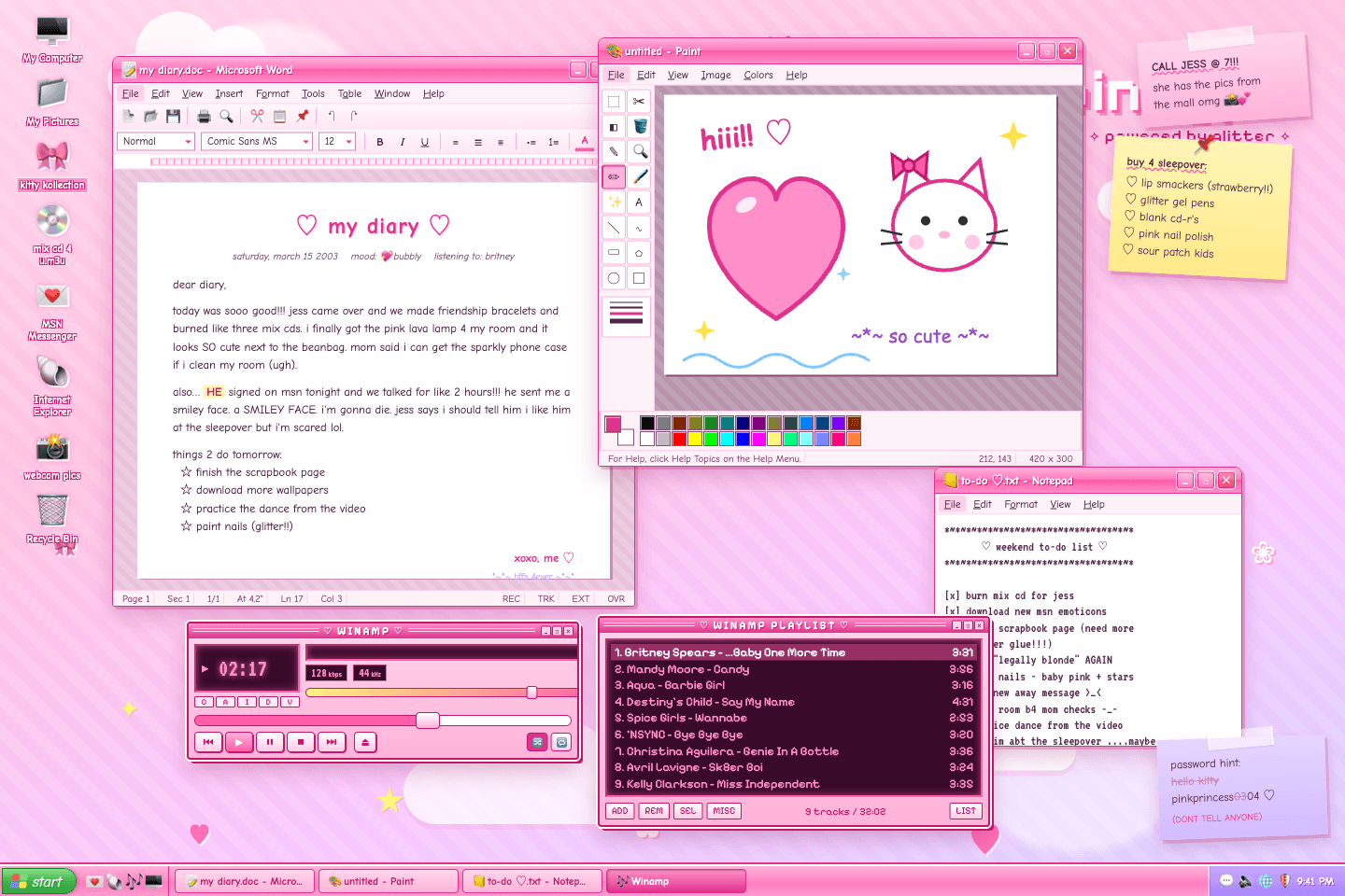 Hot pink retro desktop by Claude Fable 5.1, with a Winamp player and playlist, a bow-wearing cat in Paint, a Word diary and three sticky notes