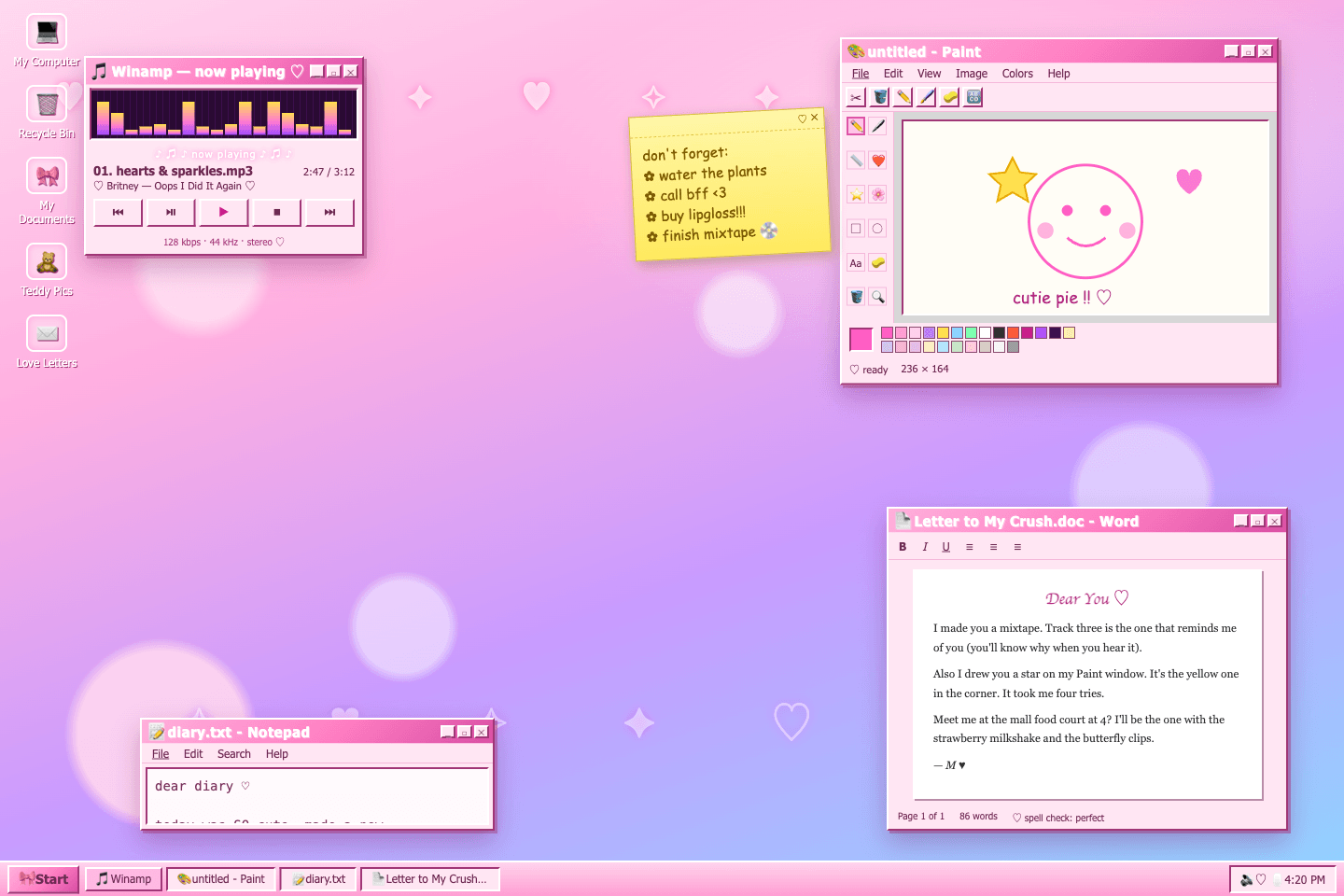 Retro pink Windows 98 desktop by GLM 5.3 Flash, with an animated Winamp equalizer, Paint doodle, Notepad and Word letter