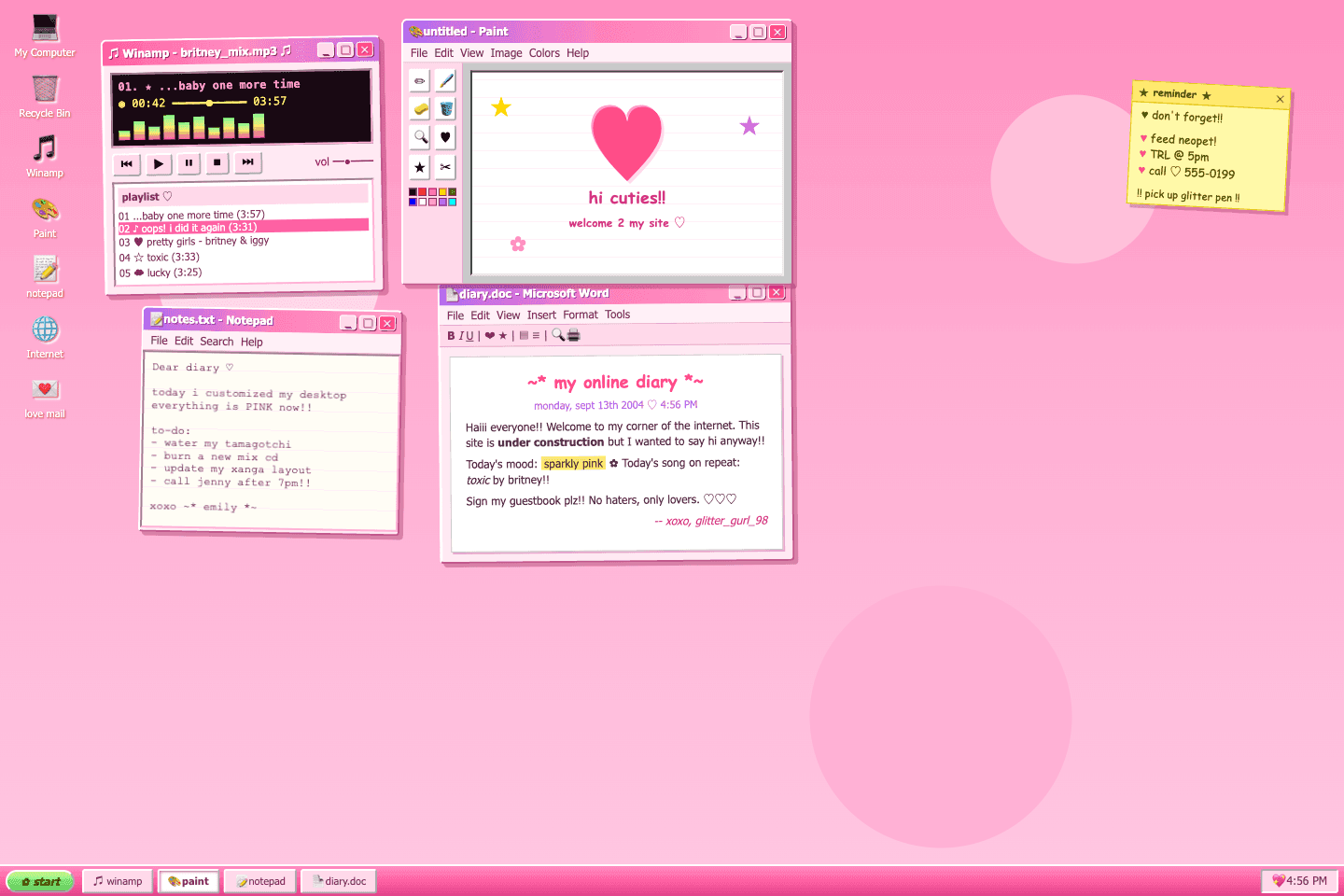 Retro pink Windows desktop by Muse Spark 1.3 Contributor, with Winamp, Paint, Notepad, a Word diary and a sticky note