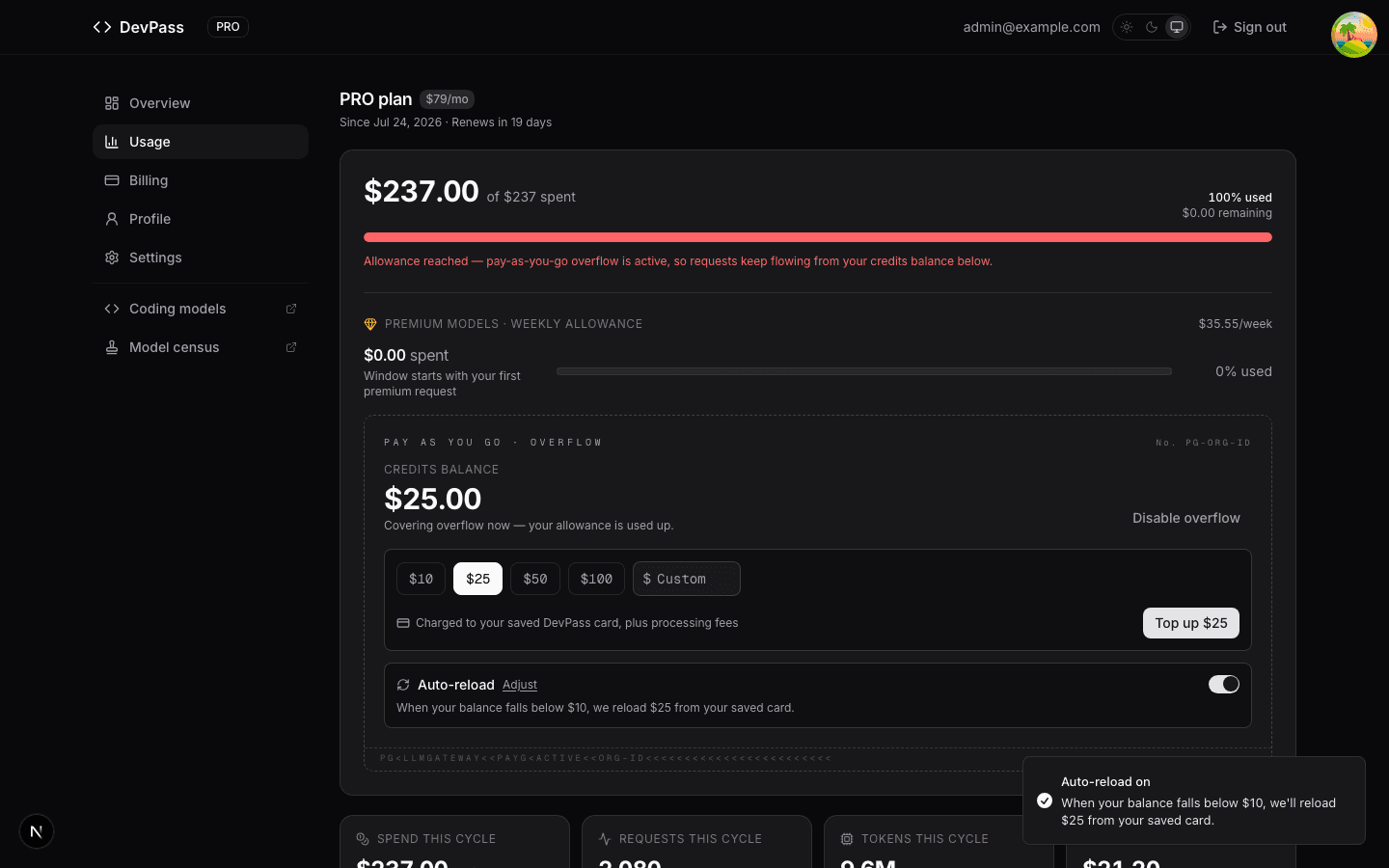 The DevPass Usage page with pay-as-you-go overflow enabled: credits balance, top-up presets, and auto-reload configured to reload $25 when the balance falls below $10