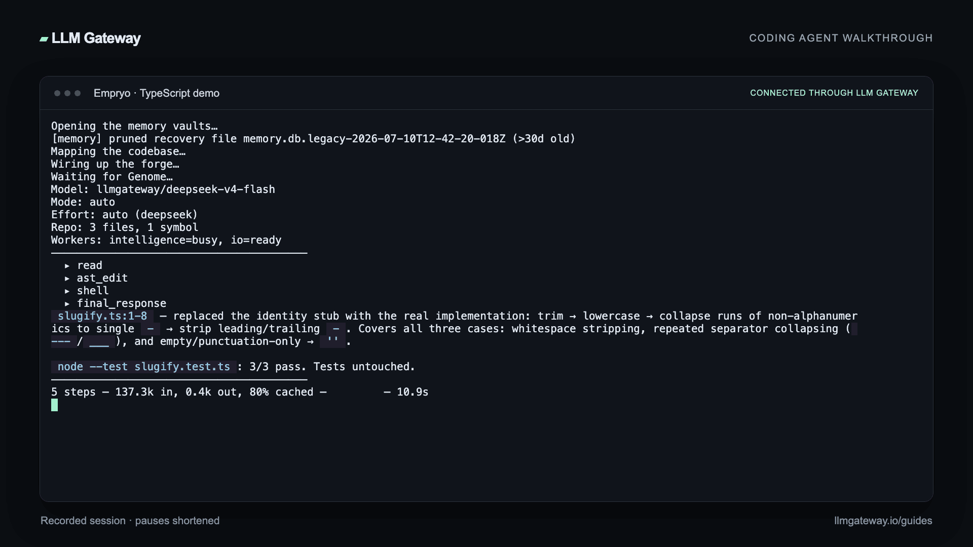 Empryo completing the coding task through LLM Gateway