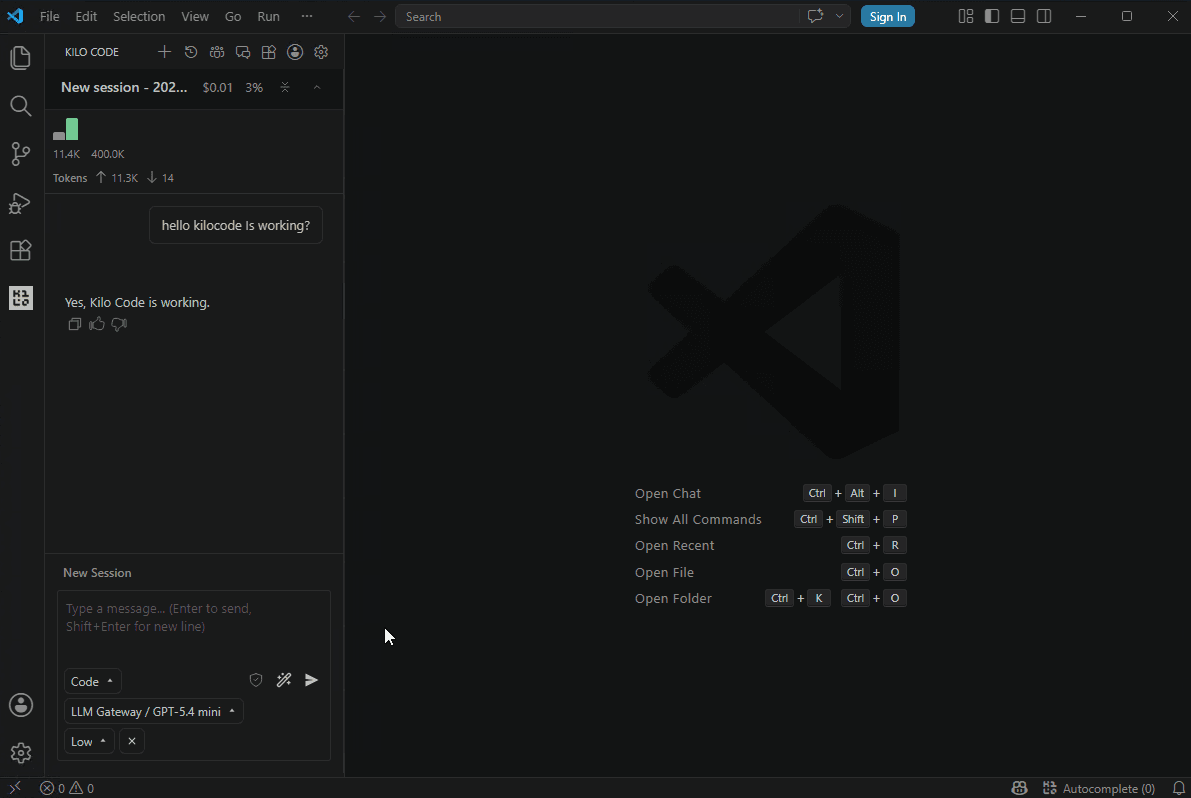 Kilo Code chat active with LLM Gateway