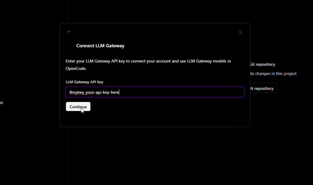 Connect LLM Gateway — enter API key