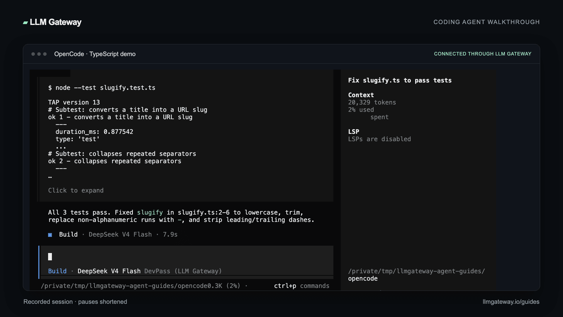 OpenCode completing the coding task through LLM Gateway