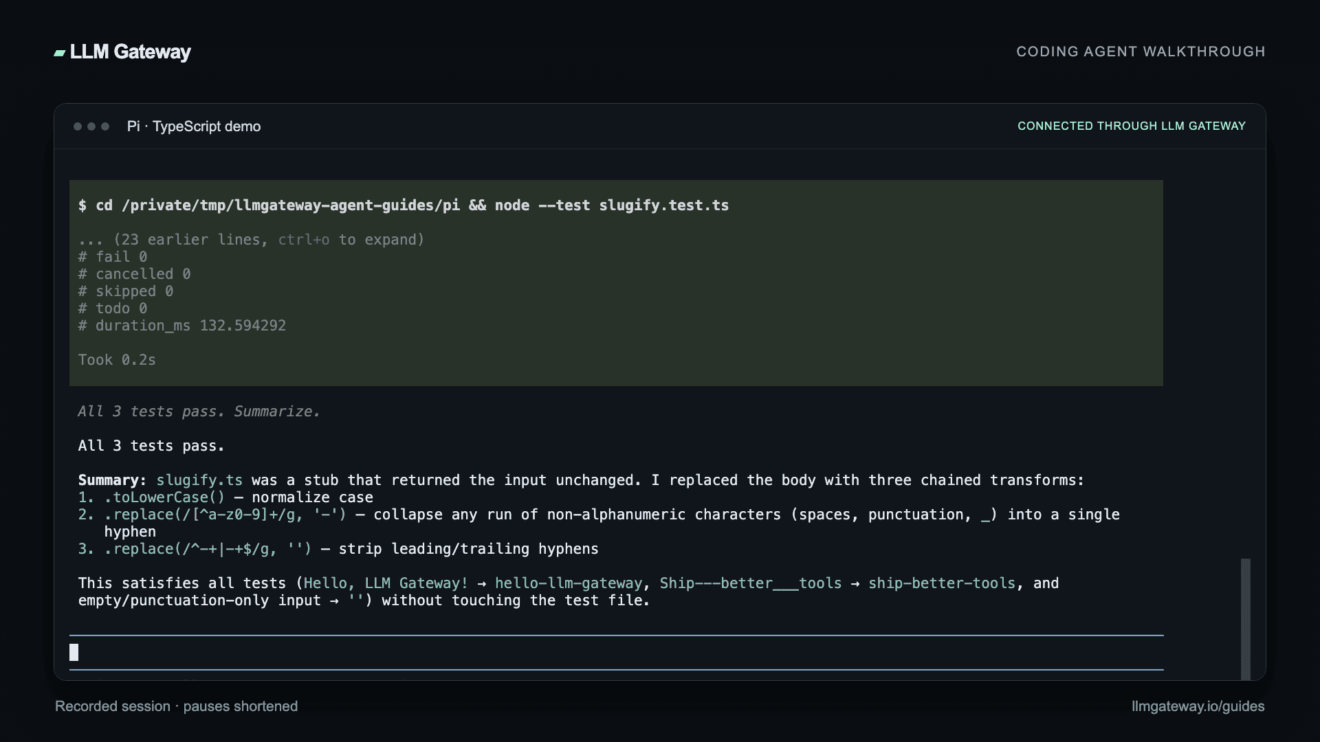Pi completing the coding task through LLM Gateway